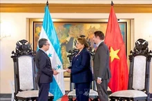 越南驻墨西哥兼驻洪都拉斯大使阮文海向洪都拉斯总统伊丽丝·希奥玛拉·卡斯特罗·萨缅托递交越南国家主席梁强的委任书。（图片来源：越通社）