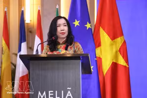 2026年5月8日晚，越南外交部副部长黎氏秋姮在河内出席由欧盟驻越南代表团举办的2026年欧洲日（Europe Day）纪念活动。（图片来源：越通社）