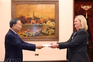 2026年10月3日，在河内，越共中央总书记、国家主席苏林接受丹麦王国驻越大使莉娜·甘德勒瑟·汉森递交国书。（图片来源：越通社）