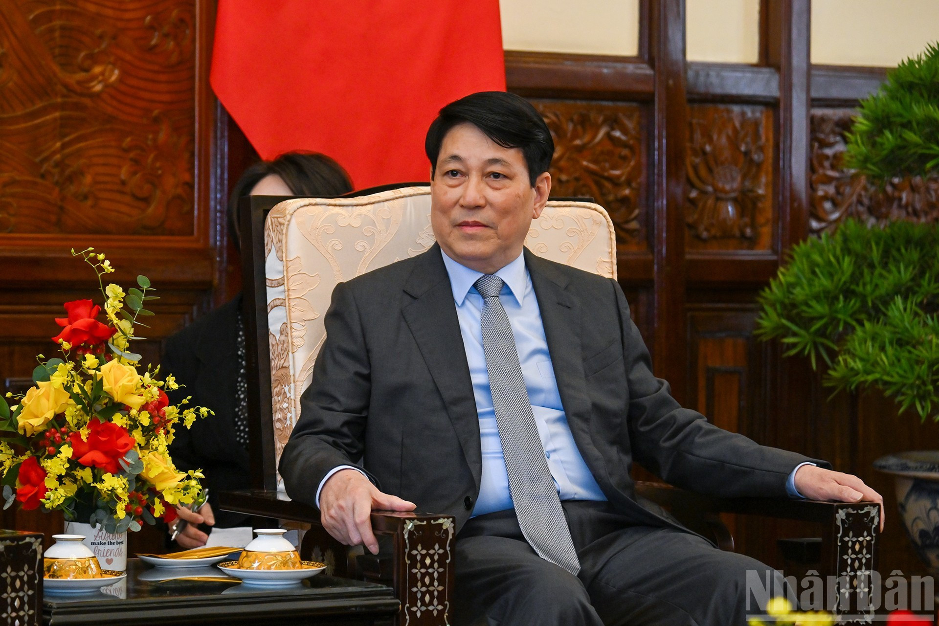 越南国家主席梁强在会见中发表讲话。