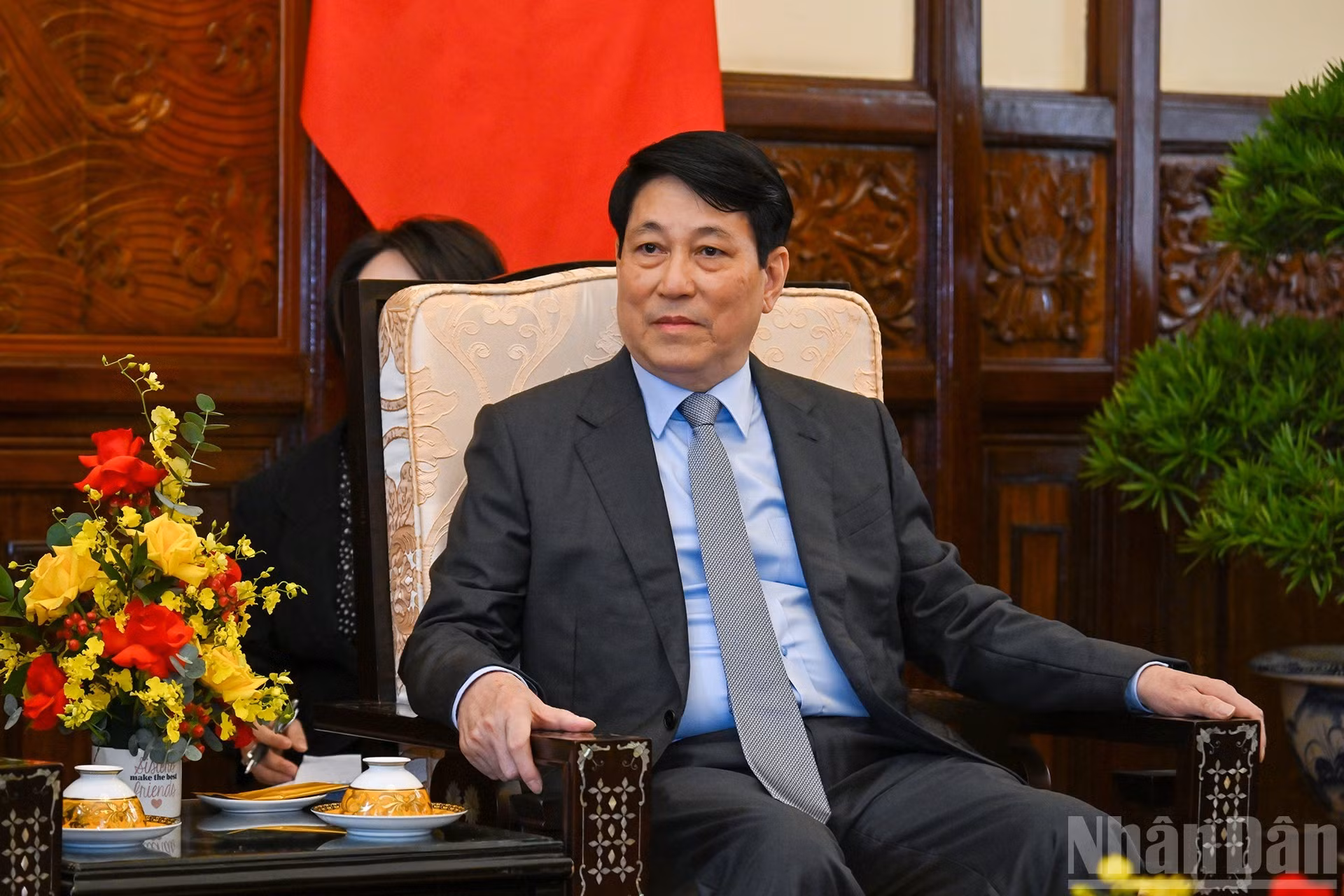 越南国家主席梁强在会见中发表讲话。