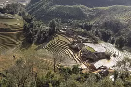 游客在侯涛山顶远眺，可见芒族村舍若隐若现于层层梯田之间。（图片：越通社）