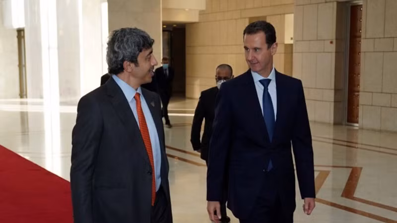 叙利亚总统巴沙尔·阿萨德（右）11月9日在大马士革会见阿联酋外交部长阿勒纳哈扬。（图片来源：路透社）