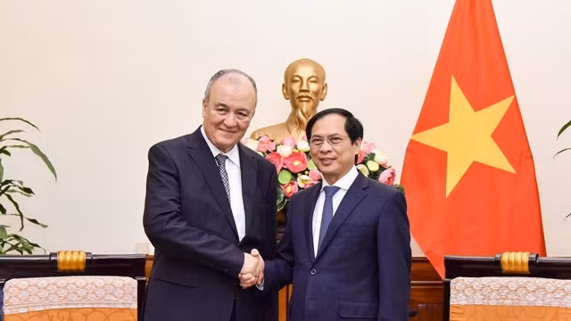  越南外长裴青山与阿尔及利亚外交部秘书长拉希德•凯德握手。