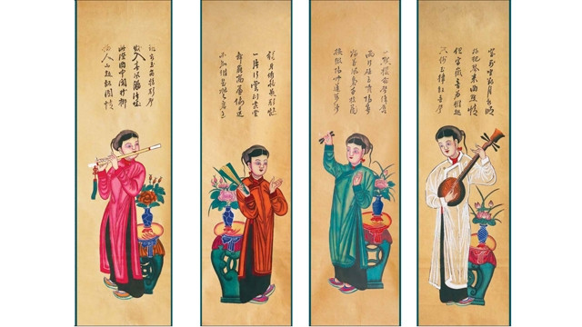 收藏的四条屏民间画。