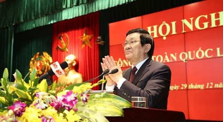 越南国家主席张晋创发表讲话。（图片来源：人民公安报）
