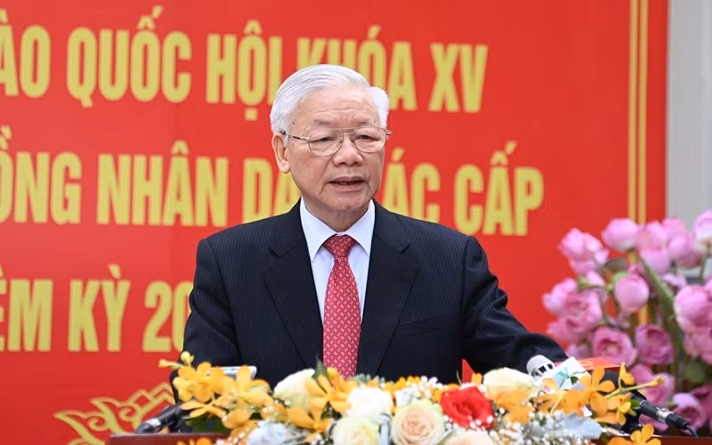 阮富仲总书记就国会代表和各级人民议会代表选举接受媒体采访。（图片来源：人民报网）