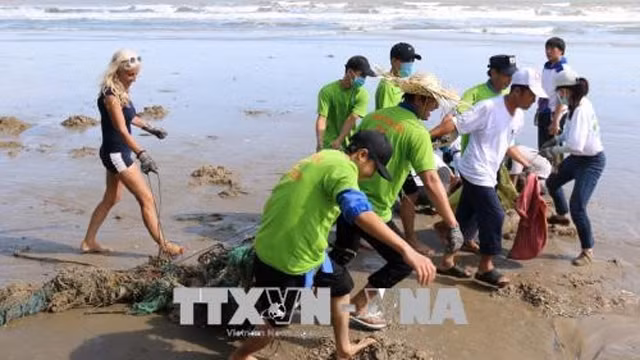 外国游客和人民在平顺省美奈沙滩上清理垃圾。（图片来源：越通社）