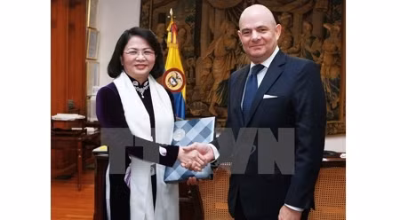 邓氏玉盛副主席会见了哥伦比亚副总统赫尔曼·巴尔加斯·列拉斯。（图片来源：越通社）