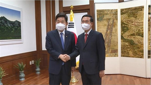 越共中央政治局委员、中央书记处常务书记武文赏（右）会见韩国国会议长金振杓。