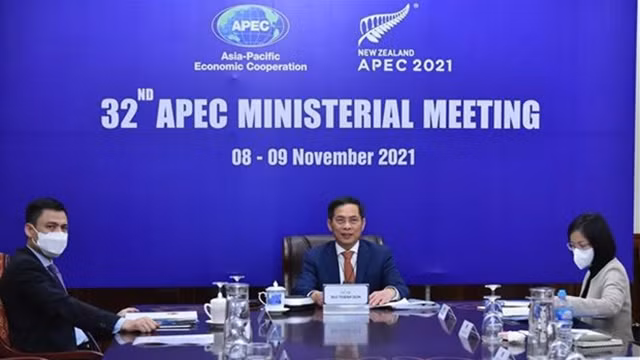 越南外交部长裴青山和工贸部部长阮鸿延出席亚太经合组织第32届外交和贸易部长级会议。（图片来源：越通社）
