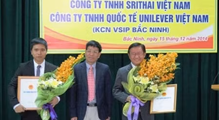 北宁省领导向两家公司代表颁发投资许可证。