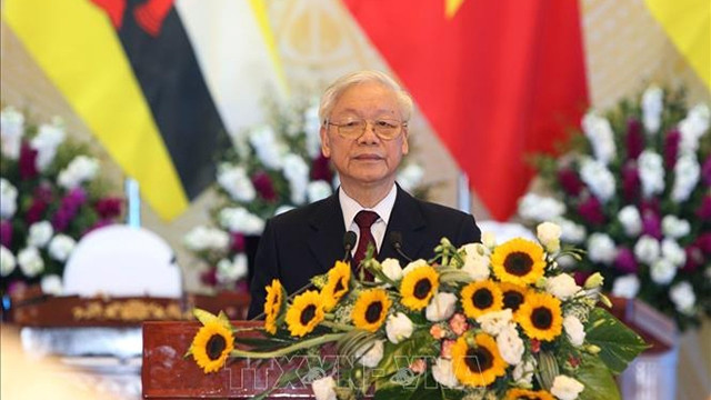 越共中央总书记、国家主席阮富仲至欢迎词。（图片来源：越通社）