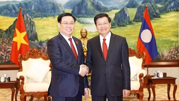 越南国会主席王廷惠礼节性拜会老挝人民革命党中央委员会总书记、国家主席通伦·西苏里。（图片来源：越通社）