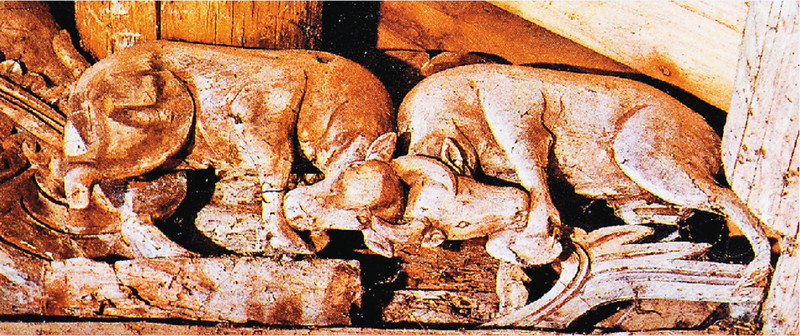 斗牛——莲协村亭里的木雕板。