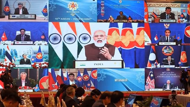 东盟各国和印度领导以视频方式出席会议。（图片来源：越通社）