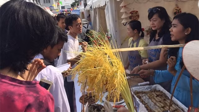 向国际友人介绍越南春卷。（图片来源：越南驻印尼大使馆提供）