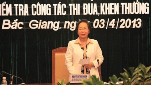 越南国家副主席阮氏缘在工作会议上发表讲话。 (Photo: 图片来源：北江省报网)