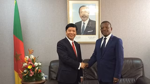 阮国强先生同喀麦隆总理迪翁·恩古特握手。（图片来源：越通社）