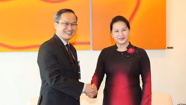 新加坡国会副主席林谋泉到机场迎接越南国会主席阮氏金银。（图片来源：越通社）