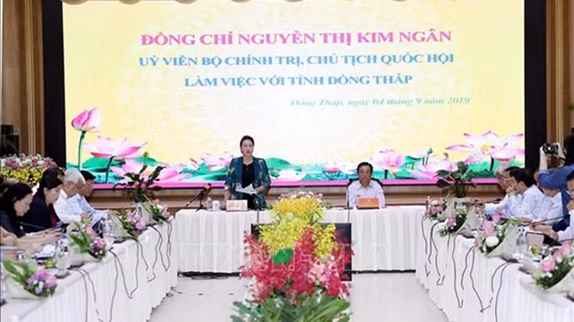 越南国会主席阮氏金银与同塔省主要领导干部举行工作座谈会。（图片来源：越通社）