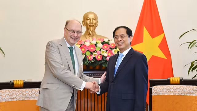 裴青山部长与瑞典外交部国务秘书罗伯特•里德伯格握手。