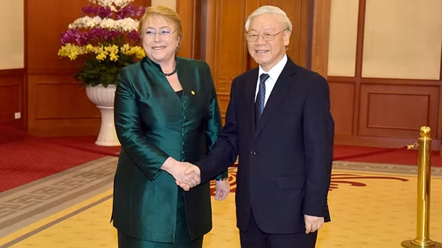 越共中央总书记阮富仲11月9日下午在党中央总部会见了智利总统米歇尔•巴切莱特。（图片来源：登科 摄）