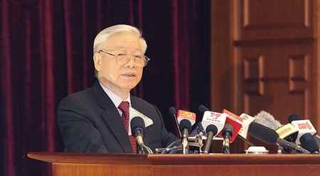 越共中央总书记阮富仲致开幕词。（阮登科 摄）