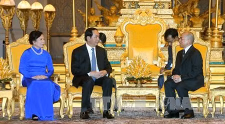陈大光主席会见柬埔寨国王诺罗敦•西哈莫尼。（图片来源：越通社）