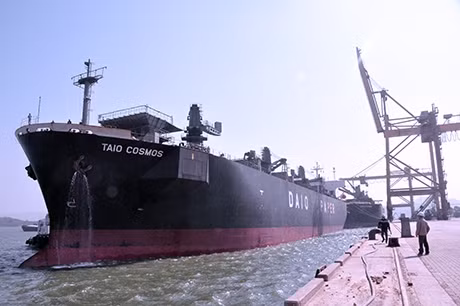 利比里亚Taio Cosmos号是2015年抵达盖麟港的第一艘船。（图片来源：广宁报网）