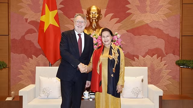 越南国会主席阮氏金银会见欧洲议会国际贸易委员会主席博纳德•朗耶。（维玲 摄）