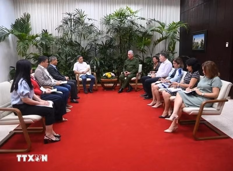 古巴国家主席米格尔·迪亚斯-卡内尔会见越南GELEX集团总经理兼Viglacera总公司董事长阮文俊。