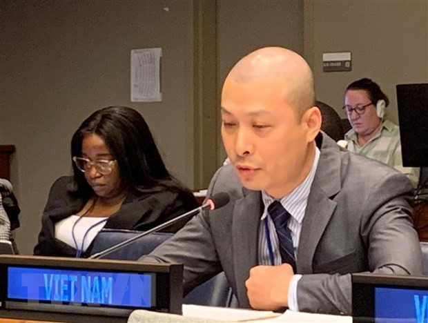 越南常驻联合国公使衔参赞兼任代表团副团长阮黄原在会议上发表讲话。（图片来源：越通社）