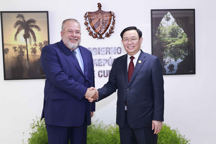 图为：越南国会主席王廷惠4月20日在哈瓦那会见古巴总理曼努埃尔·马雷罗·克鲁斯。