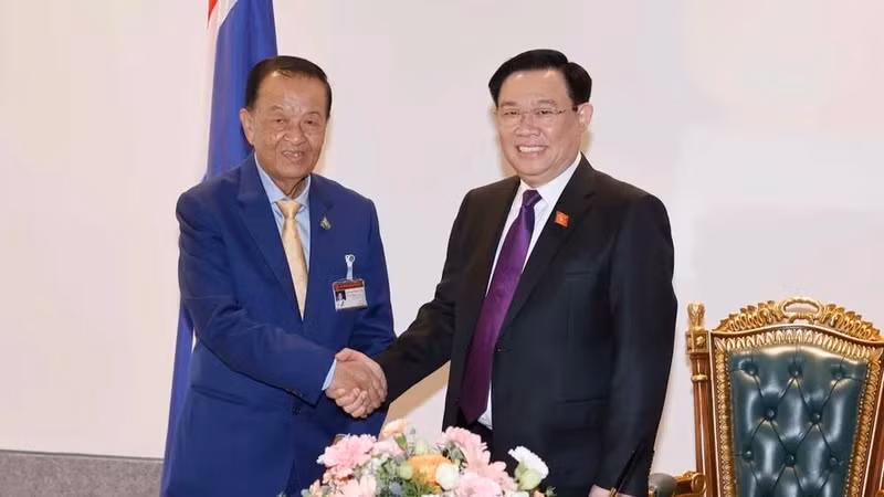 越南国会主席王廷惠与泰国国会主席努尔·马塔握手。