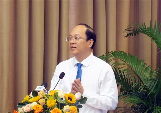 胡志明市市委副书记阮湖海发表讲话。