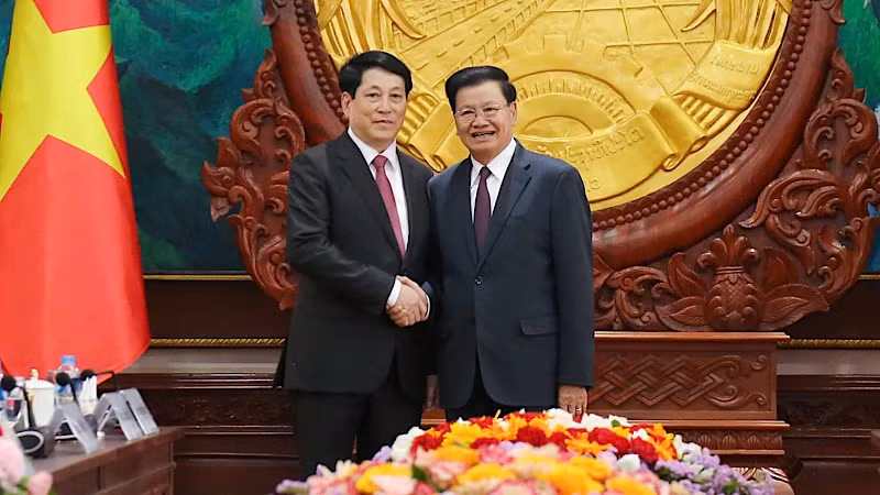 越南国家主席梁强同老挝人民革命党中央委员会总书记、老挝国家主席通伦·西苏里举行会谈。