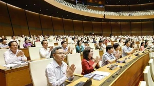 6月16日上午，出席会议的全部466名国会代表投赞成票，通过了《地方政府组织法（修正案）》。（图片来源：越通社）