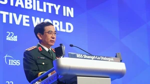 越南国防部长潘文江大将在对话会上发言。（图片来源：越通社）