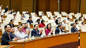 出席奖状颁发仪式的党和国家各位领导人。（图片来源：越通社）