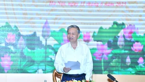 越共中央总书记苏林在会议上发言。