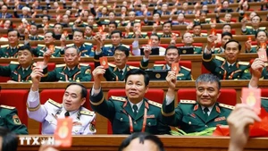 各位代表表决通过越共十四大决议。（图片来源：越通社）