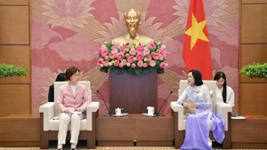 越南国会副主席阮氏青与韩国性别平等与家庭委员会主席李仁顺。（图片来源：越通社）