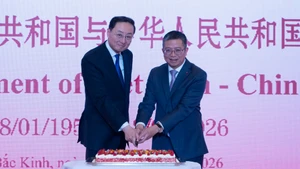 孙卫东副部长和范清平大使切蛋糕。