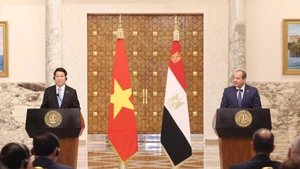 越南国家主席梁强与埃及总统塞西共同会见记者。