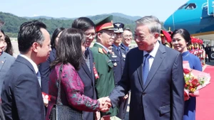 越共中央总书记苏林和夫人吴芳璃抵达韩国首都首尔城南军用机场，开始对大韩民国进行国事访问。（图片来源：越通社）