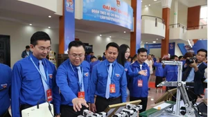 代表们参观岘港市青年创新、创造和“一乡一品”产品展览。