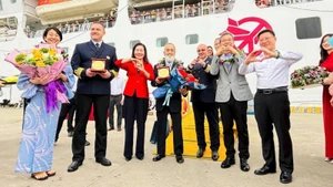 广宁省和旅游业领导欢迎国际游客到访下龙湾。