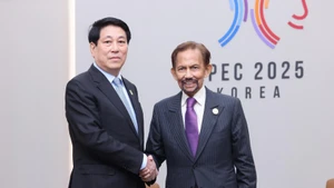 越南国家主席梁强会见文莱达鲁萨兰国苏丹哈吉·哈桑纳尔·博尔基亚。