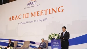 越南国家主席梁强在会议上发言。